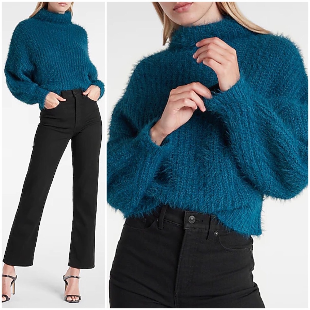 Express Fuzzy Chenille Mock Turtleneck Cozy Knit Textured Dolman Sleeve Sweater - Picture 10 of 12